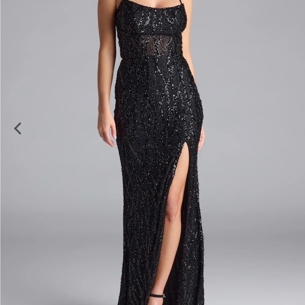 Black Sequin Strapless Evening Gown with Side Slit
